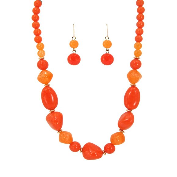 Orange bead necklace earring set with large chunky beads and gold accents - Picture 1 of 12